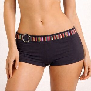 Y2K Vintage Swimwear - Dark Grey Boy Shorts with Colorful Striped Belt